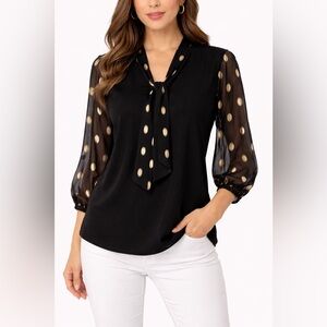 Louise Paris Women Tops XL Black Blouse with Sheer Gold Polka Dot 3/4 Sleeve